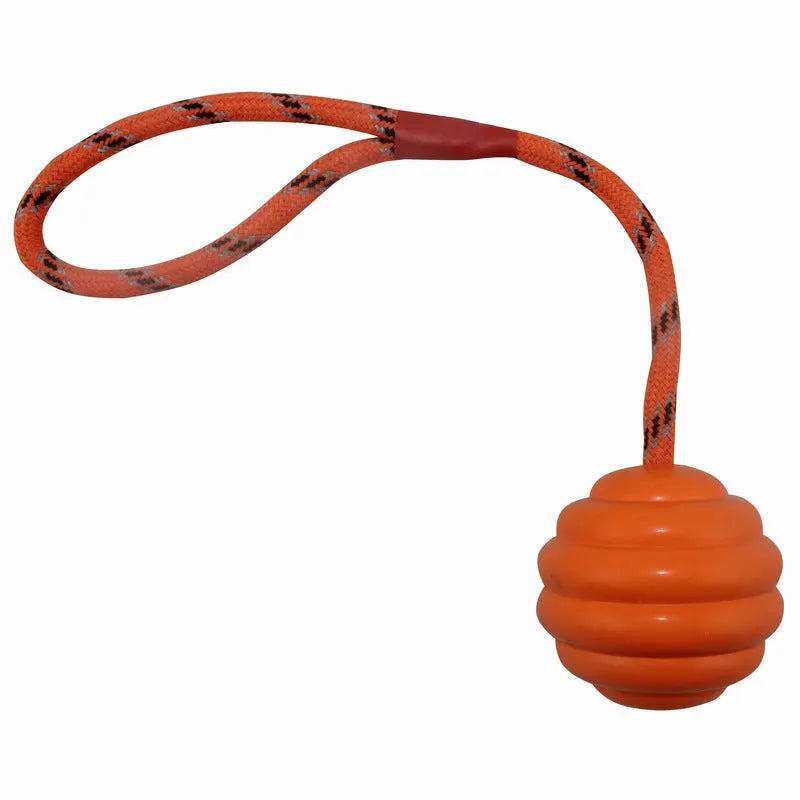 Rubber chew ball pet toy with rope knot design measuring 6x30cm in multiple colours