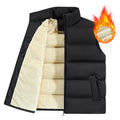 Men's striped lambswool vest in black, dark blue, or red, shown as a fleece-lined waistcoat for autumn and winter wear.