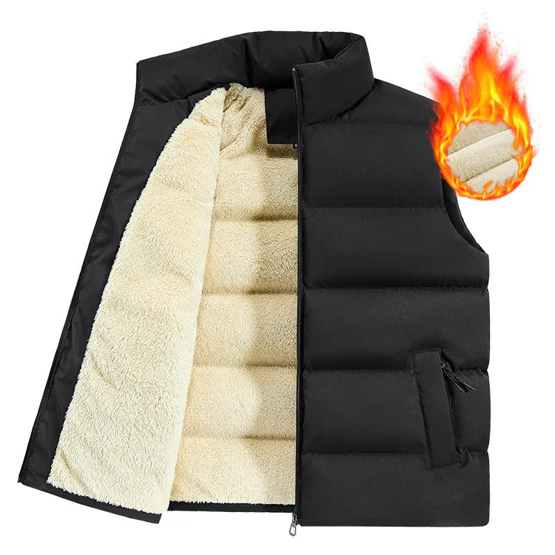 Men's striped lambswool vest in black, dark blue, or red, shown as a fleece-lined waistcoat for autumn and winter wear.