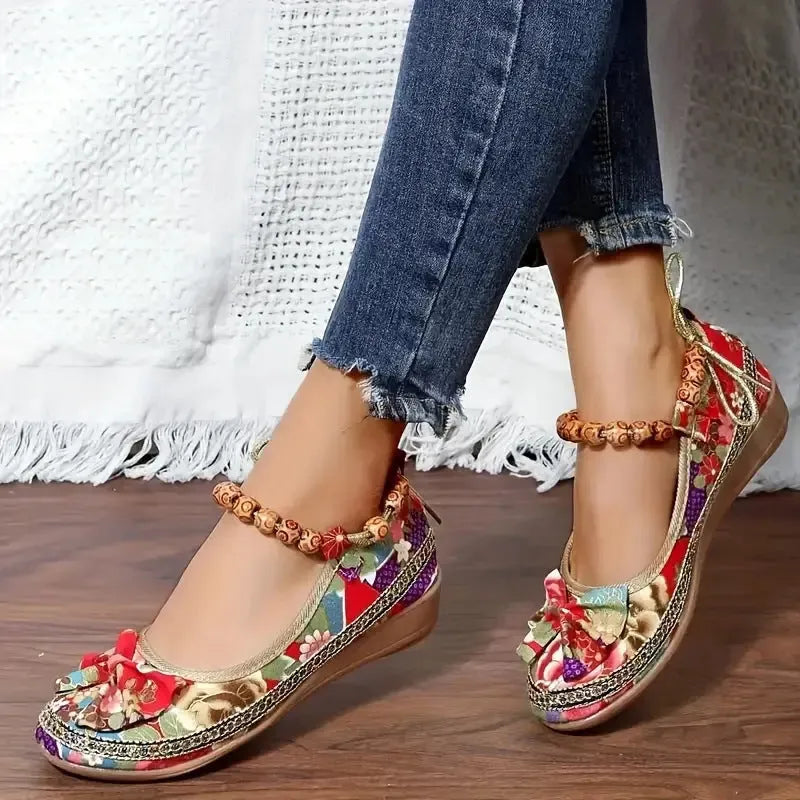 Women's black plus size national style platform sandals with cloth upper and elastic band