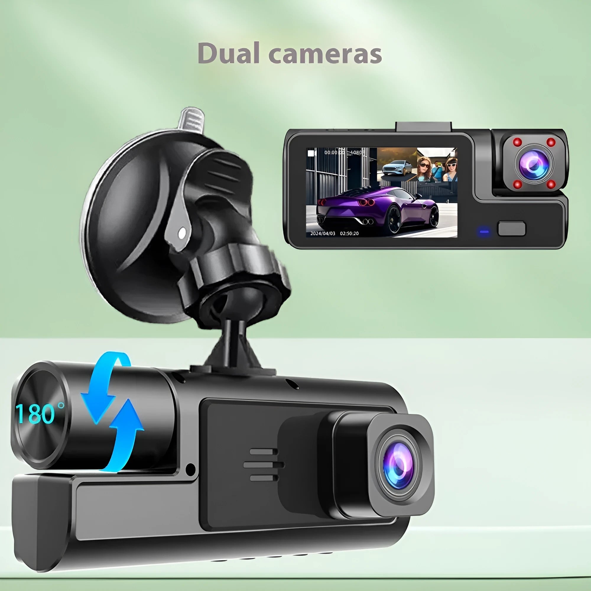 Wifi car driving recorder with 2.0 inch screen showing reversing camera display on dashboard