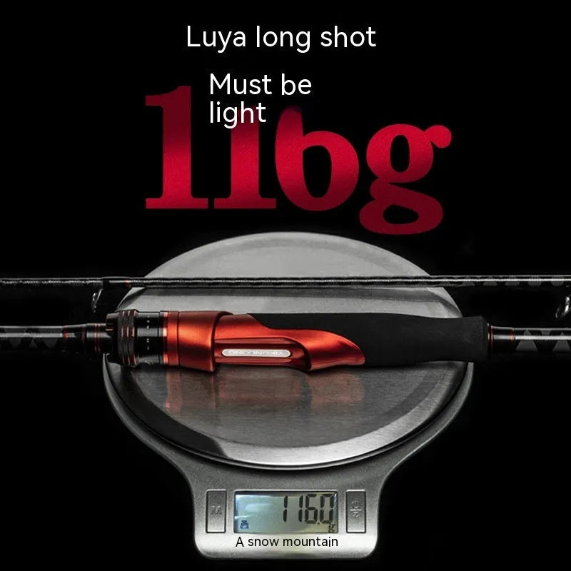 Carbon fibre fishing rod showing straight handle and pikestaff style options for lure fishing.