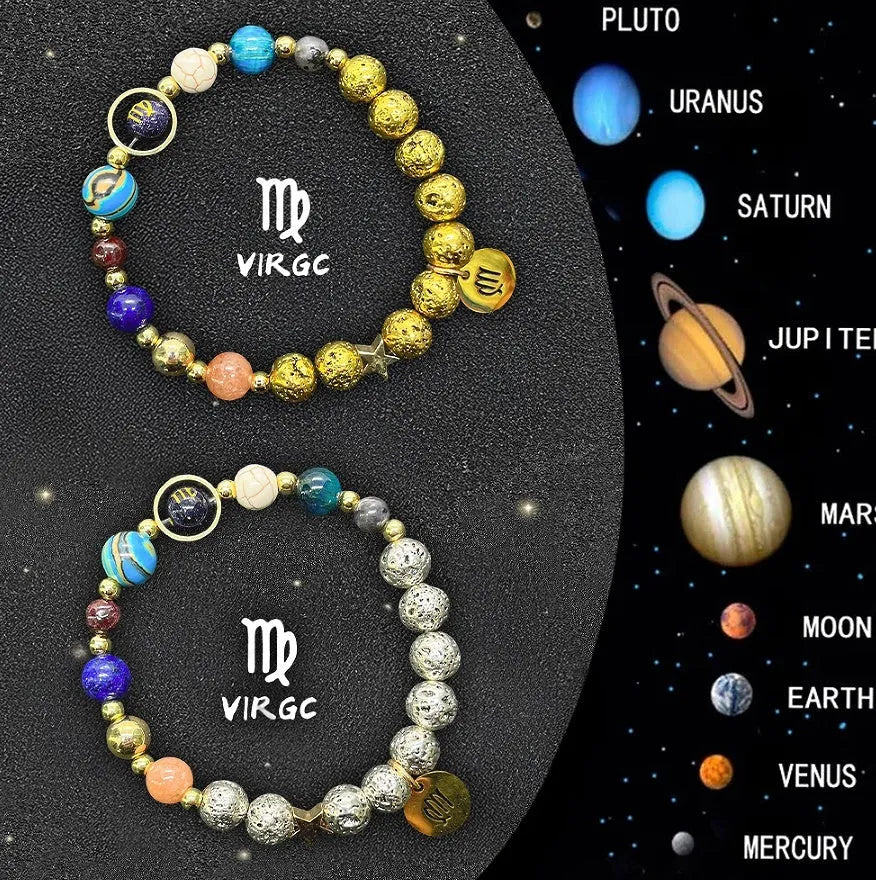 Set of twelve natural stone beaded bracelets, each representing a different zodiac sign.