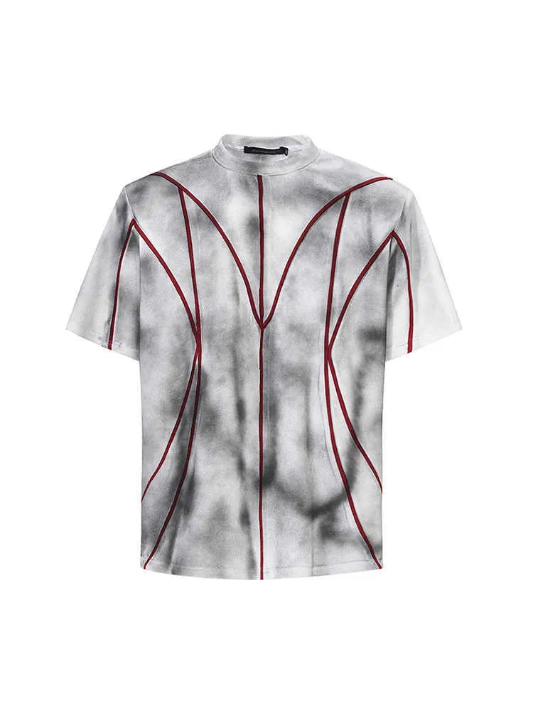 Women's short sleeve t-shirt with padded shoulders and raised line patchwork design on a round neck.
