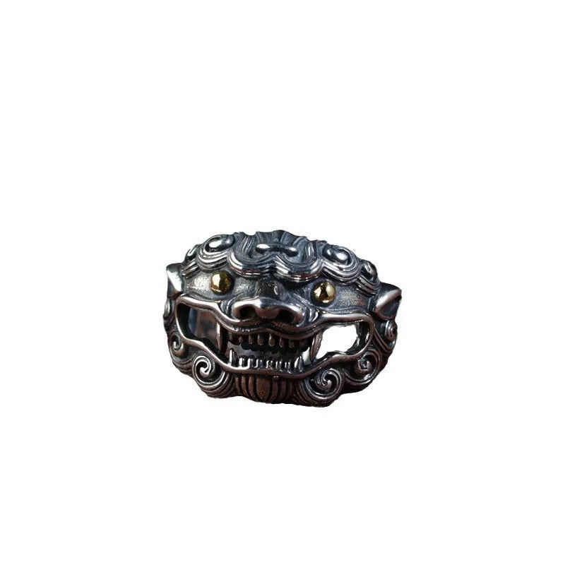Silver open ring with detailed Jibeast animal pattern and retro styling