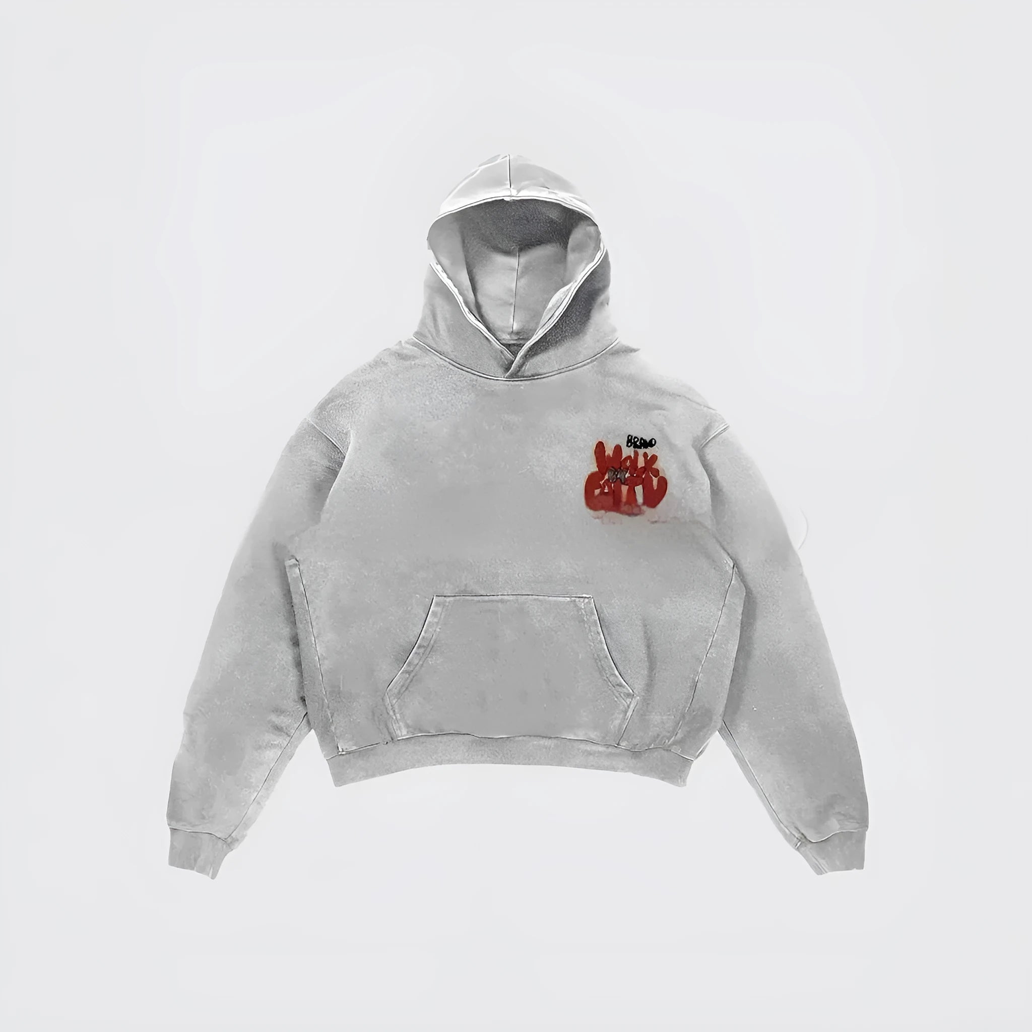 Granny grey women's hoodie with a vintage-style casual letter print and a front pocket.