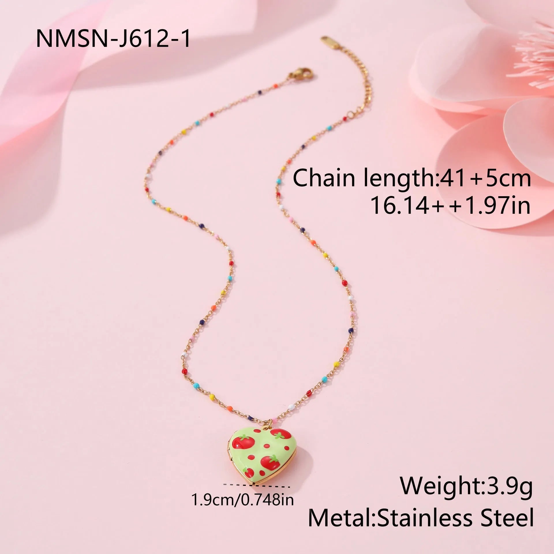 Stainless steel fruit pendant necklace with gold plating showing heart and fruit charm designs on adjustable chain