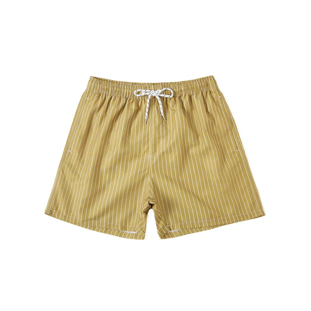 Navy blue and grey striped beach shorts with a straight leg opening on a mannequin.