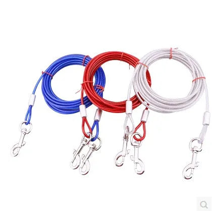 Double headed steel wire dog leash in blue with rope handle for walking two dogs