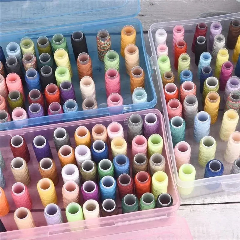 Transparent plastic sewing storage box with 42 removable compartments for organising threads and needles.