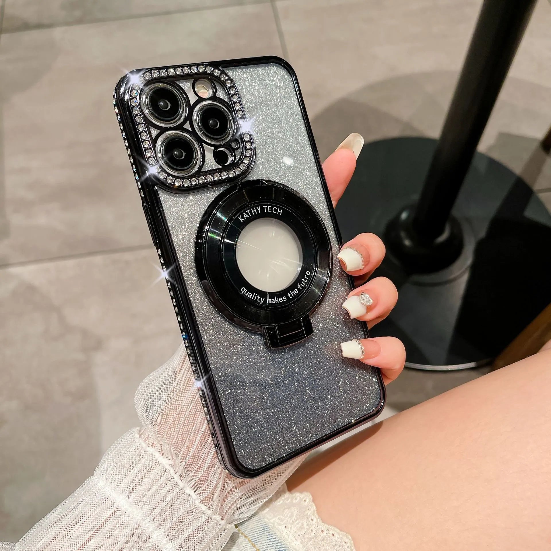 Rhinestone gradient glitter TPU phone case with magnetic suction and bracket for iPhone, peak blue gradient flash finish