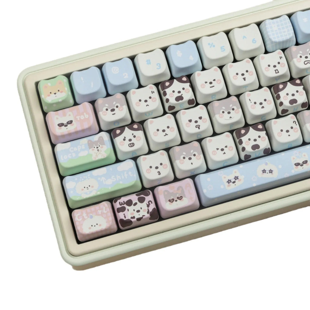 Full set of PBT plastic keycaps for mechanical keyboards with colourful sublimated cat and puppy animal designs.