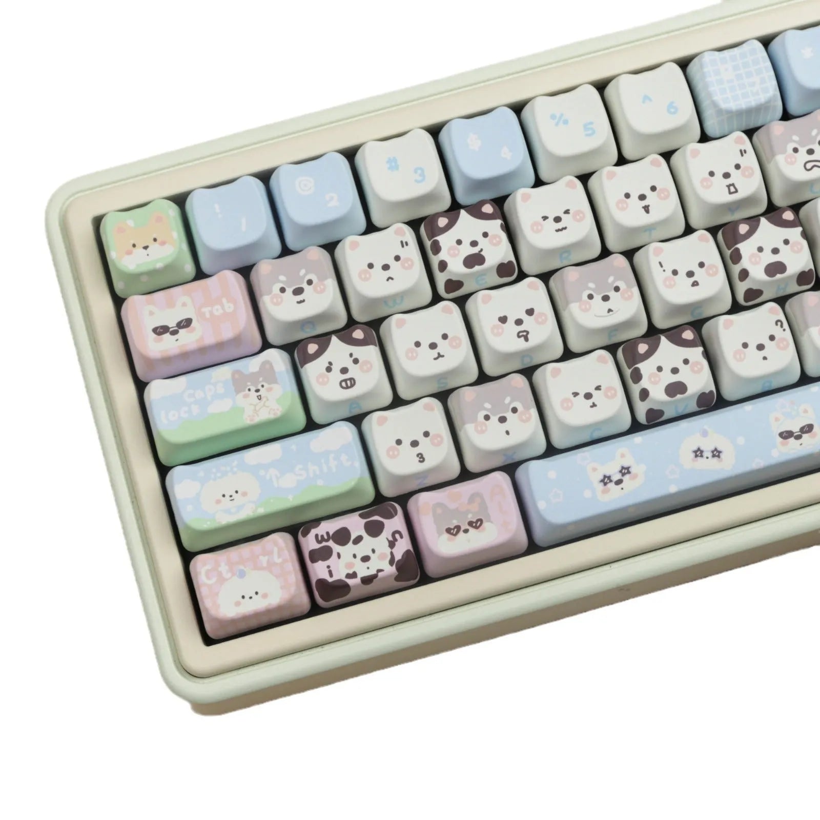 Full set of PBT plastic keycaps for mechanical keyboards with colourful sublimated cat and puppy animal designs.