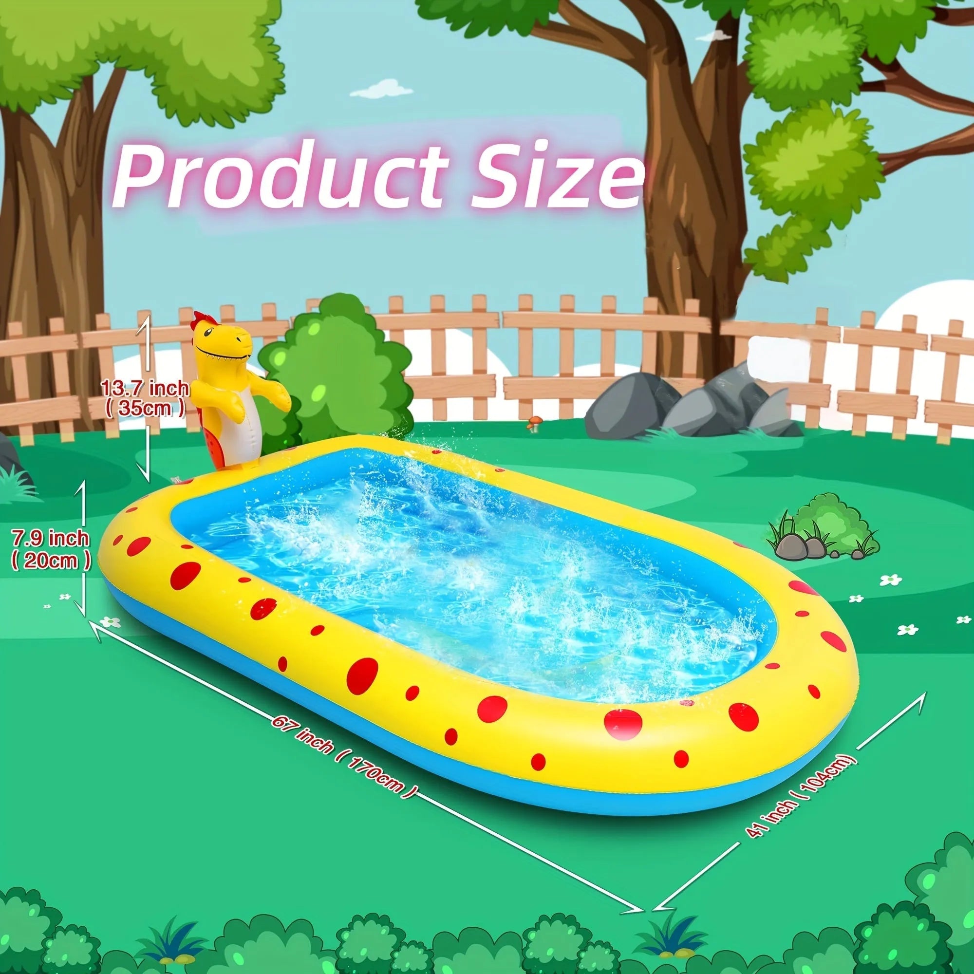 Blue dinosaur water spray pool measuring 170cm long with inflatable shark design for garden play