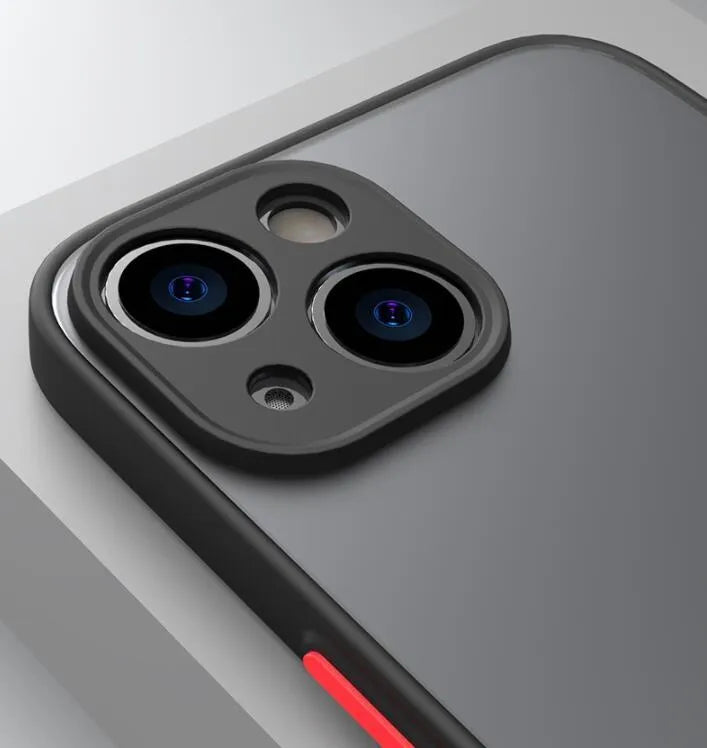 Frosted hard iPhone case with textured skin-sensing back and full camera lens protection in dark night green.