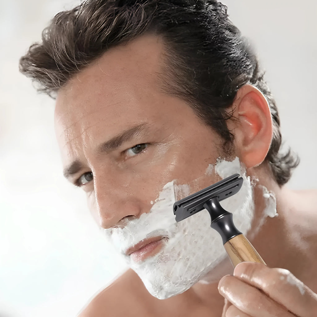 Men's copper manual shaving razor with olive wood handle and aluminium alloy construction