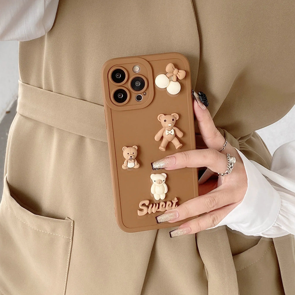 Three-dimensional bear design TPU phone case for iPhone in caramel colour, front view