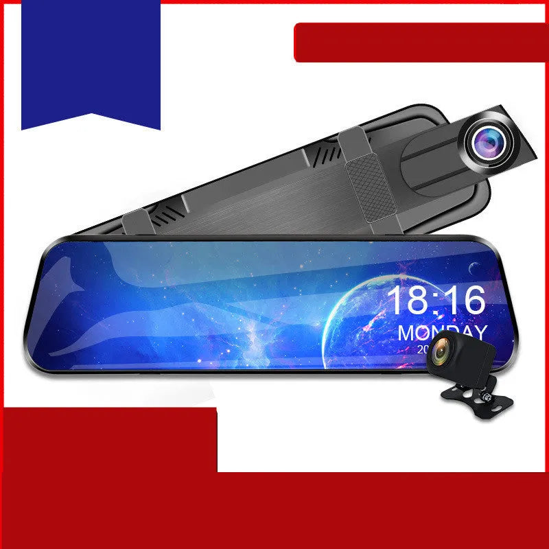10-inch black HD rearview mirror driving recorder with 170-degree wide-angle lens and 12MP camera installed in a car