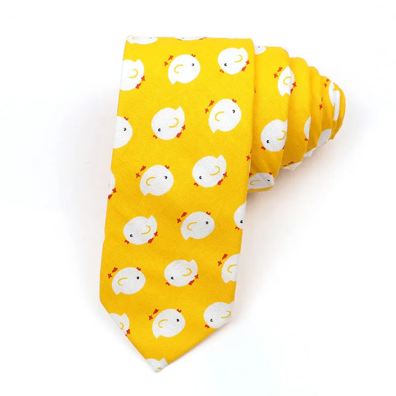 Korean style narrow men's cotton bow tie with a cartoon print pattern on an adjustable neck band.