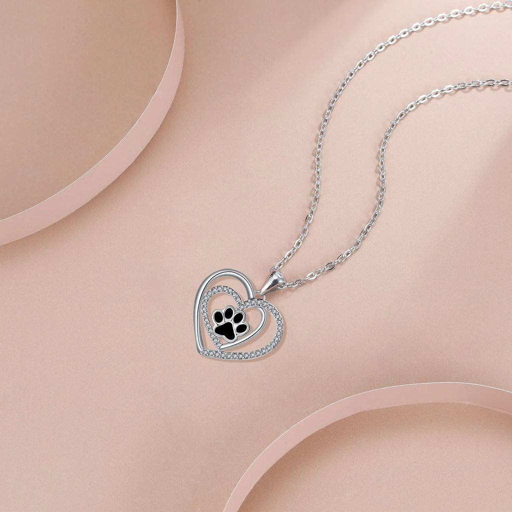 Women's dog paw print necklace with heart pendant, copper construction with electroplated finish