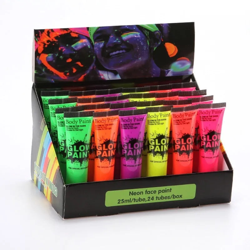 25ml plastic squeeze bottle of neon green face and body paint with a hose-top nozzle.