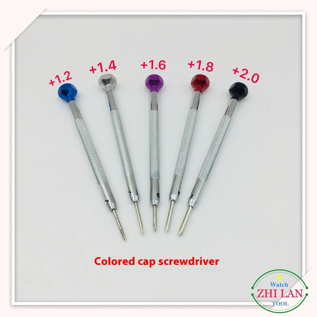Six colour-coded aluminium handle screwdrivers for watch repair with meter repair tool