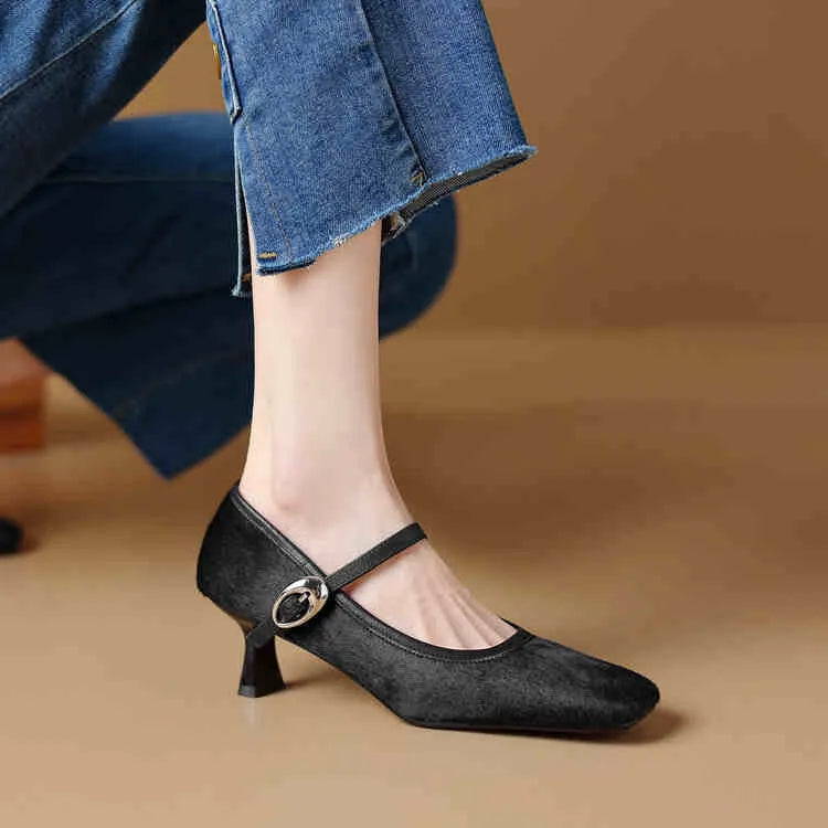 Women's black square toe stiletto ankle-strap shoe with horse hair upper and buckle closure