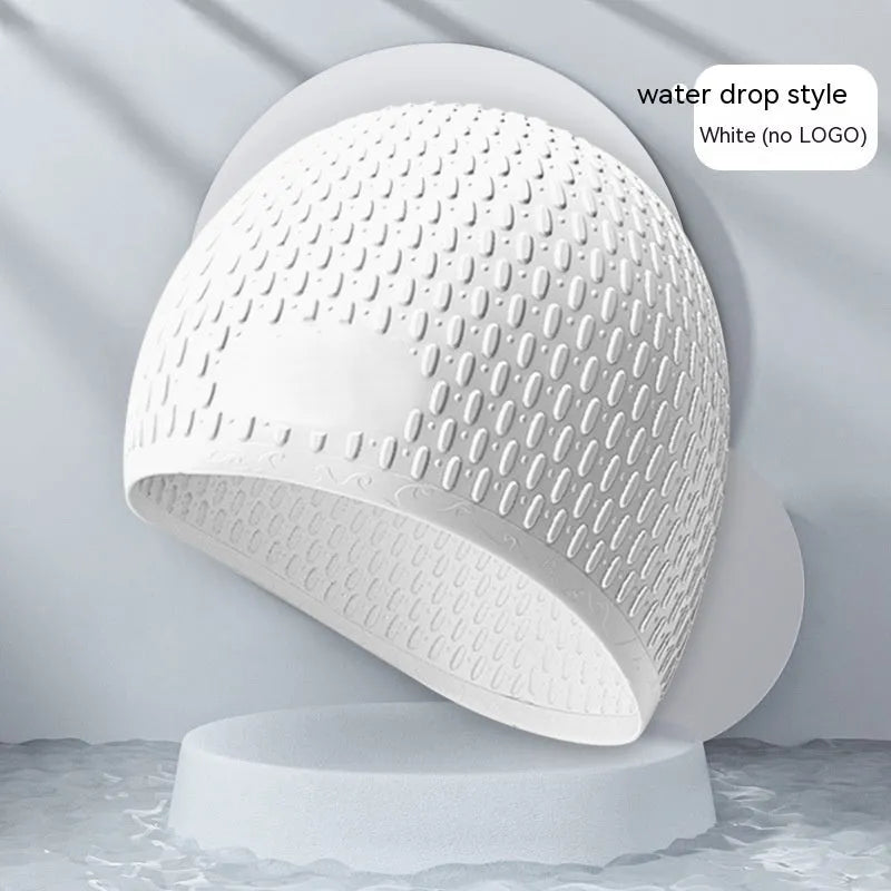Silicone swimming cap with water drop design in solid colour options