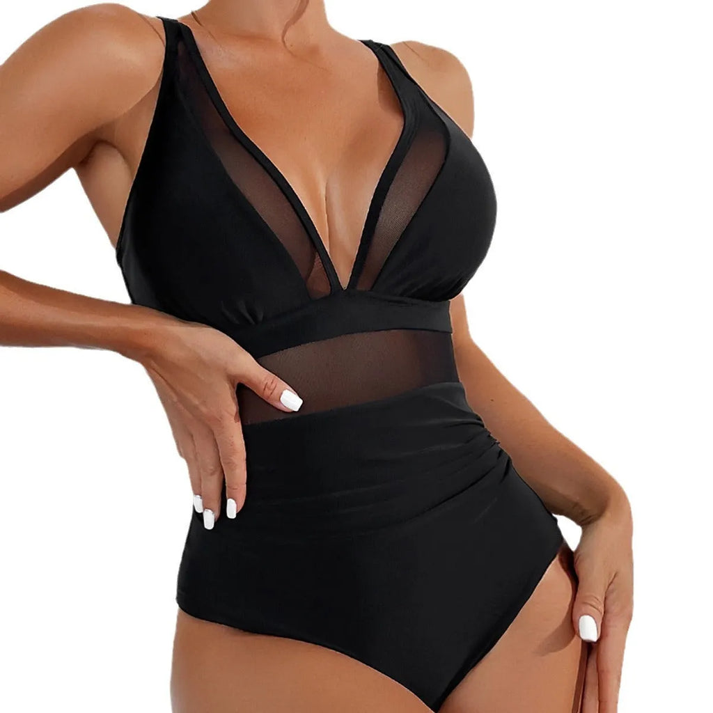 Black mesh halter one-piece swimsuit for women with briefs cut in nylon fabric