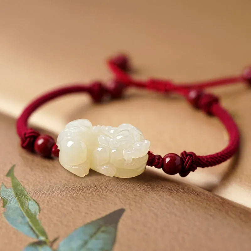 Hetian jade bead bracelet with black and red adjustable braided cord, Chinese style jewellery.