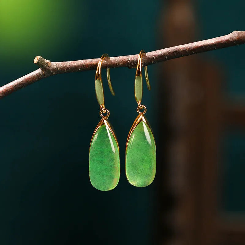 Retro Chinese geometric earrings with water droplet design in electroplated copper with jade colour finish