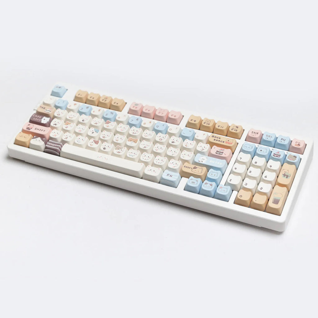 Sea Salt Cat themed PBT key cap set with March layout and 7u spacebar supplement for mechanical keyboards