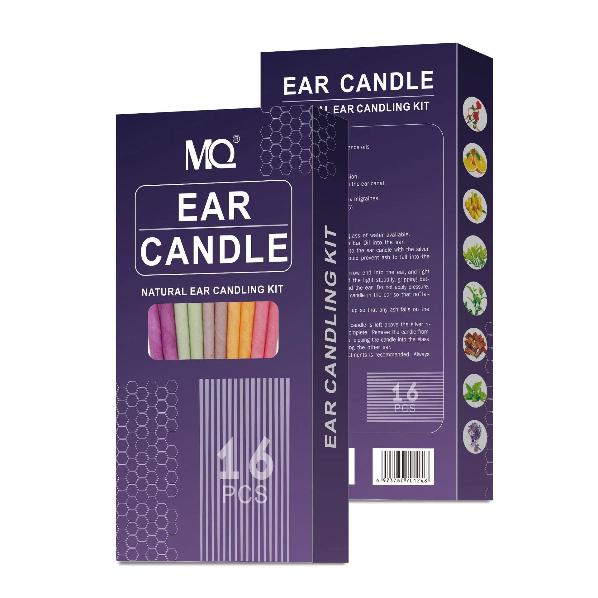 MQ Horn 16 piece ear candle set with protection boards and cotton swabs in assorted colours