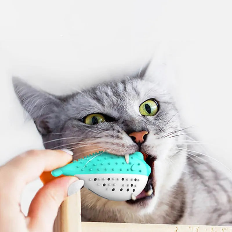 Silicone fish-shaped cat chew toy in blue, green, pink, or yellow colour options