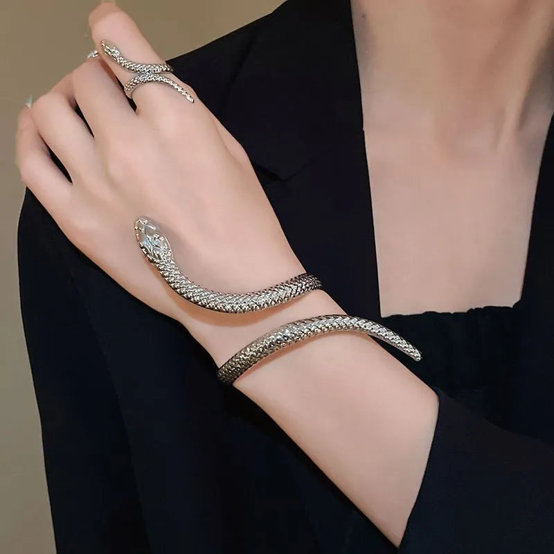Gold and silver exaggerated twisted snake design ring and bracelet jewellery set