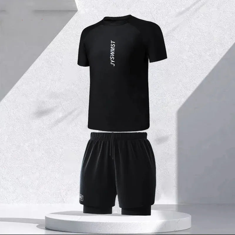 Men's patterned two-piece swimsuit set showing top and trousers on a size chart background.