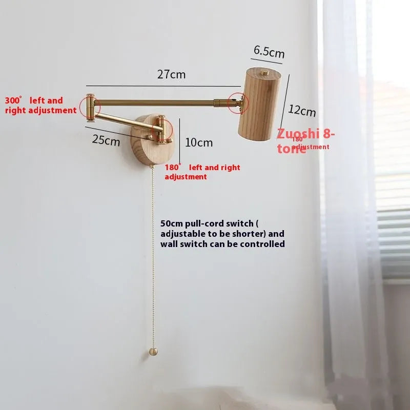 Retro wood and iron wall lamp with long adjustable arm and visible wall switch