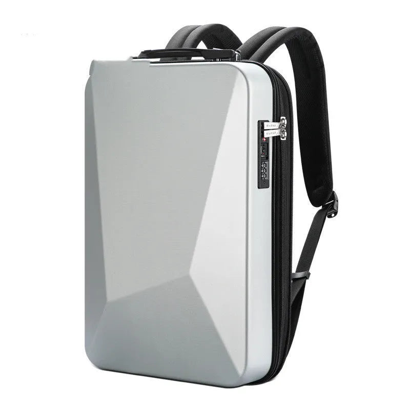 Large hard shell PC gaming backpack in black or silver with lock, showing dedicated laptop and organiser pockets