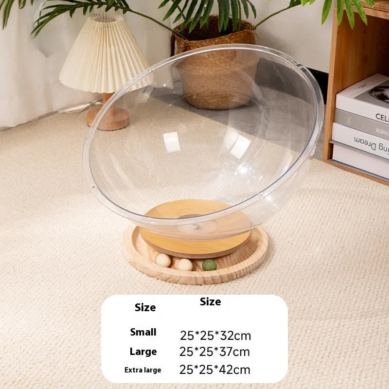 Transparent acrylic cat space capsule bed showing enclosed bathtub-like design.