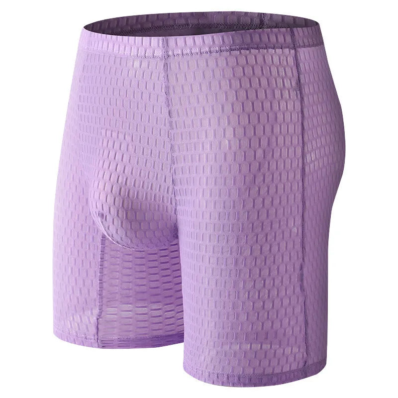 Men's solid colour lace boxer briefs for hip lifting and shaping, shown in light purple.