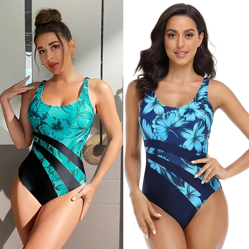 Green and blue printed conservative one-piece swimsuit for women in polyester.