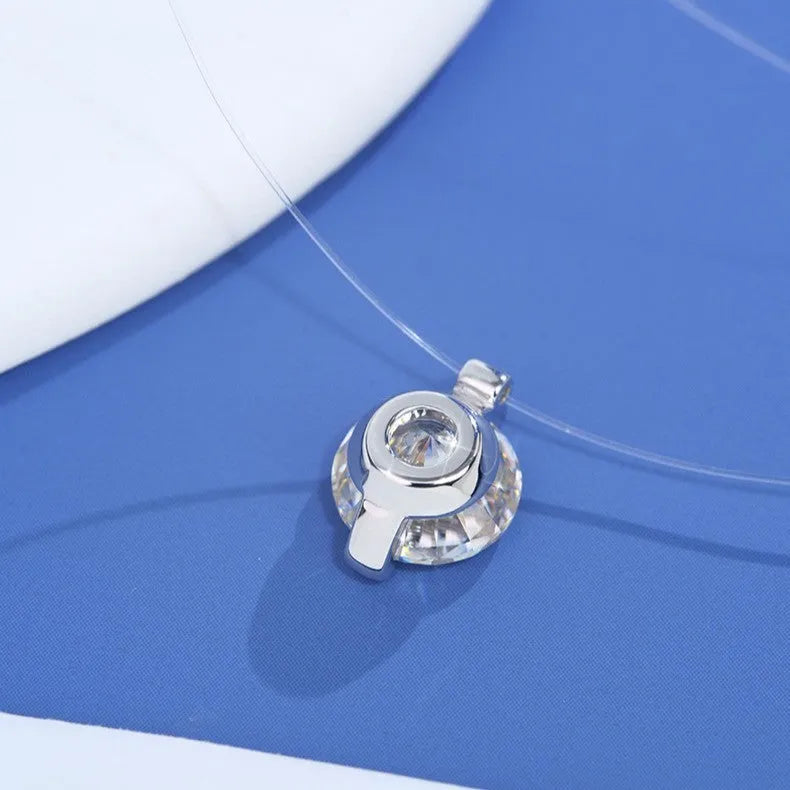 Women's S925 silver necklace with a floating moissanite plum blossom pendant on an invisible fishing line chain.