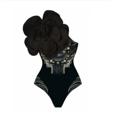 Women's one-piece swimsuit with three-dimensional floral pattern in black and blue colour options.