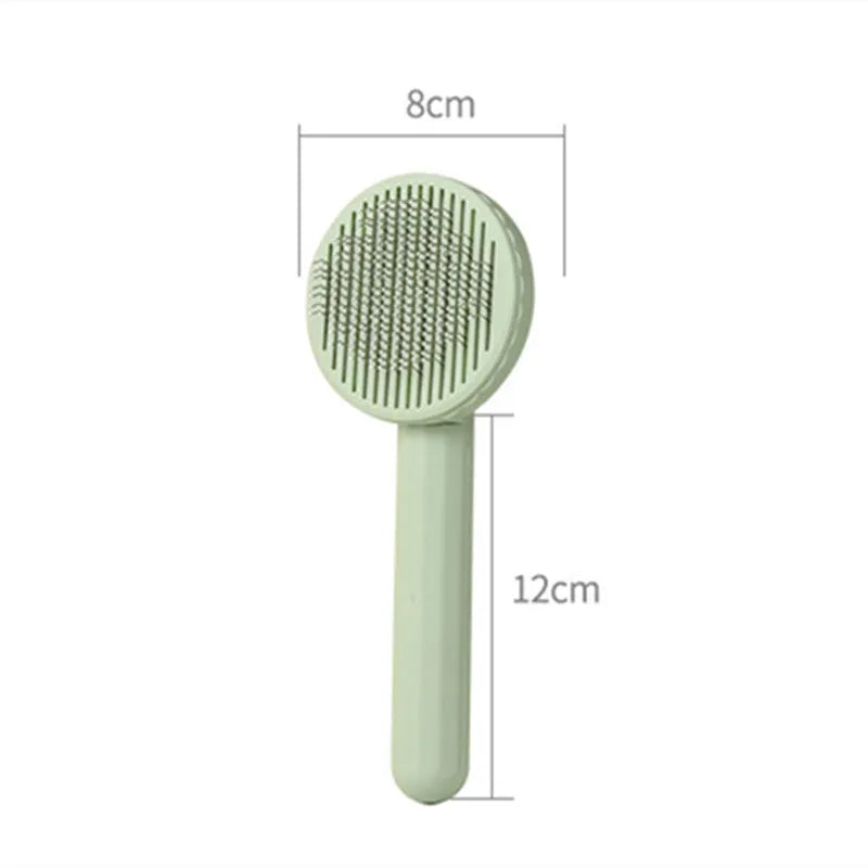 Button self-cleaning pet comb with stainless steel needles and ABS handle in blue colour