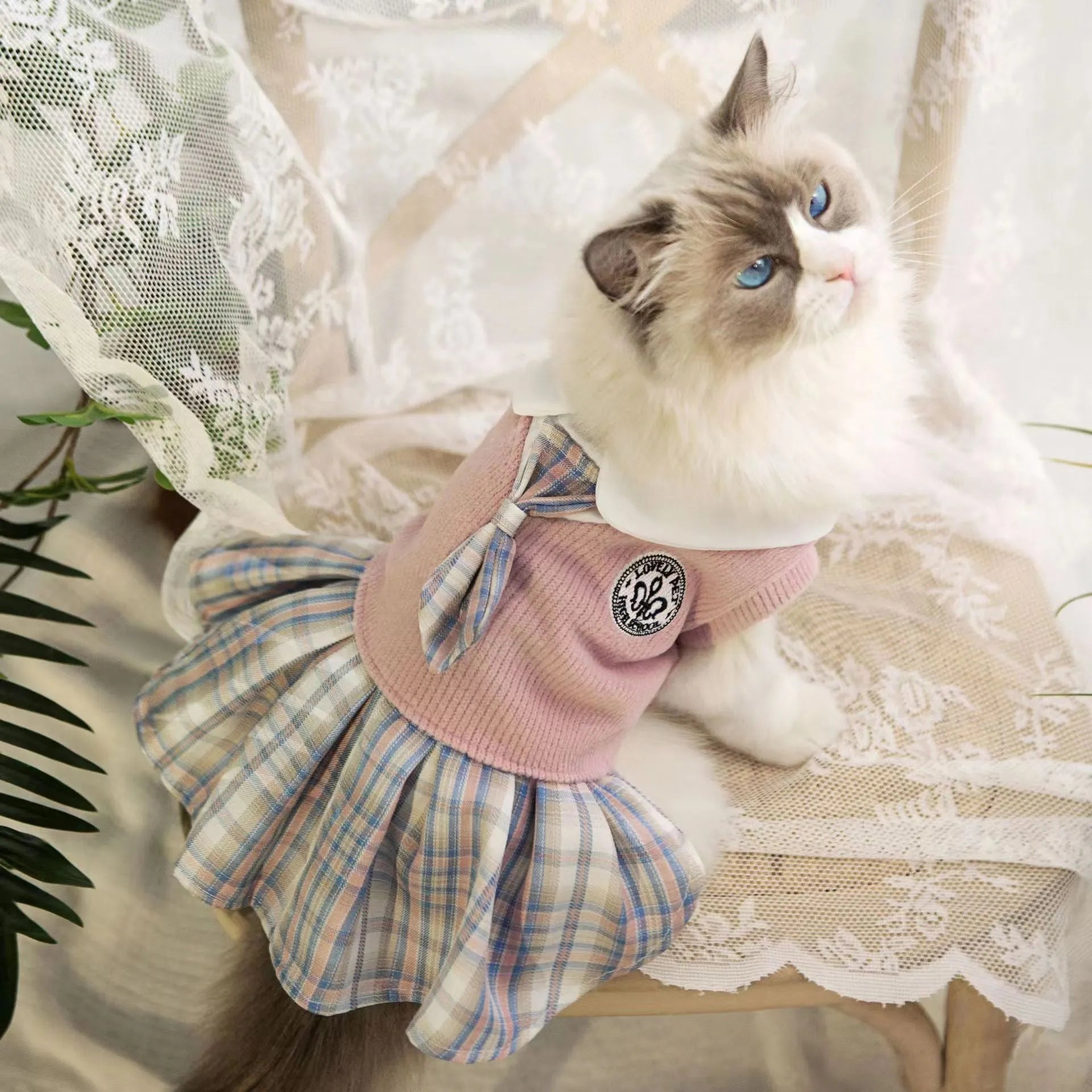 Polyester tartan skirt pet clothing for dogs and cats in princess style with colour options