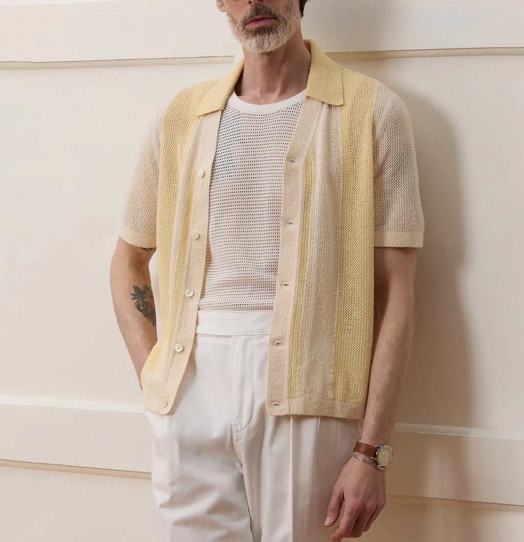 Yellow asymmetric design casual polo shirt made from Tencel fabric with short sleeves