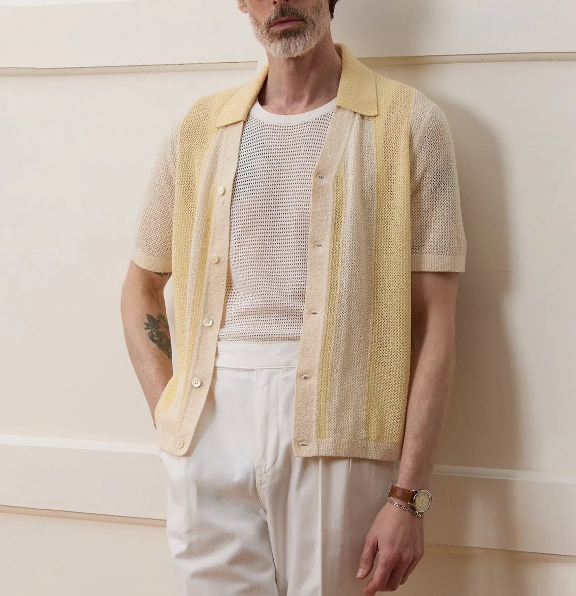 Yellow asymmetric design casual polo shirt made from Tencel fabric with short sleeves