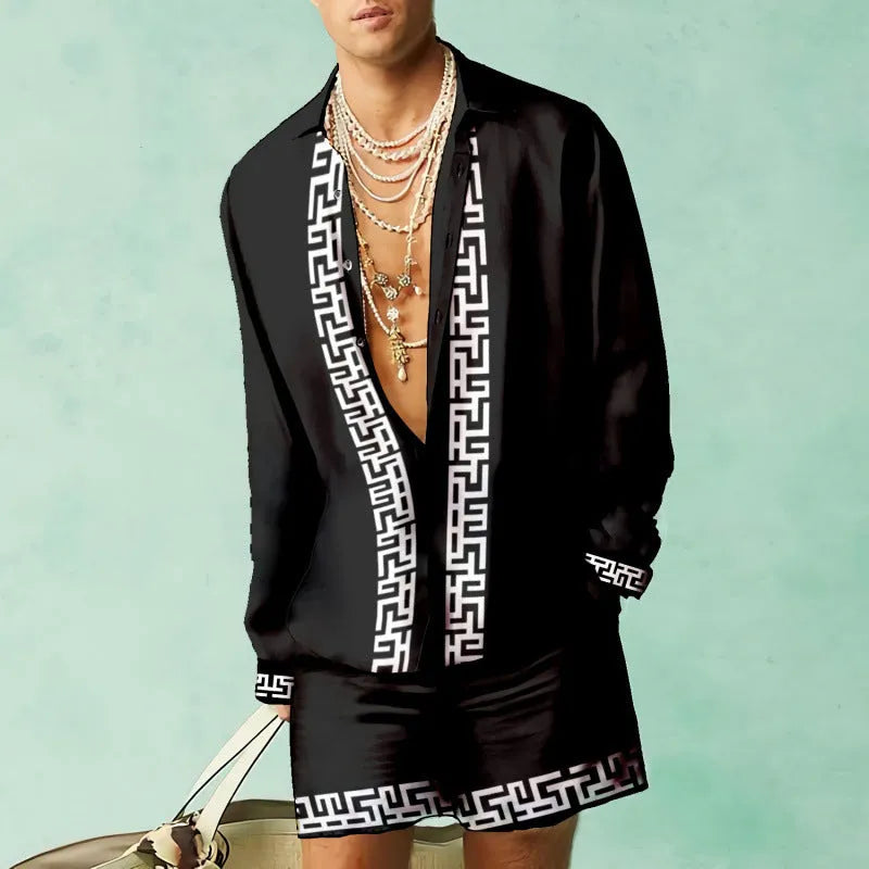 Mens casual summer outfit with long sleeve shirt and matching shorts in slim fit
