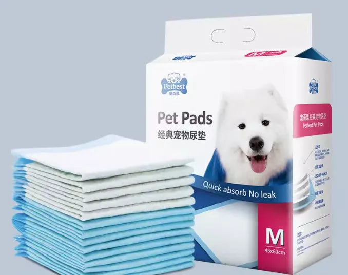 Pack of thickened dog urine pads showing S M L XL sizes with bamboo charcoal and adhesive options