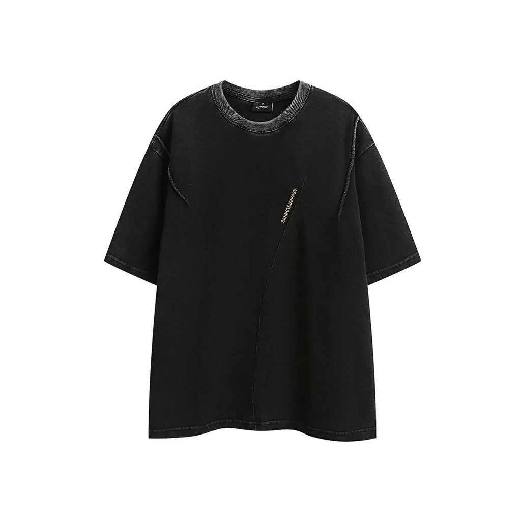 Retro embroidered washed cotton T-shirt in purple and black colours with half-sleeve design